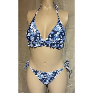 JOYBIK 2-piece Triangle Bikini Ruffle Halter Tie Side String Size XL Navy Leaf